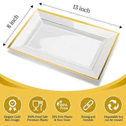 Mint Living - Elegant Plastic Serving Tray & Platter Set (6pk) - White & Gold Rim Disposable Serving Trays & Platters for Food - Weddings, Upscale Parties, Dessert Table, Cupcake display - 8x13 inches