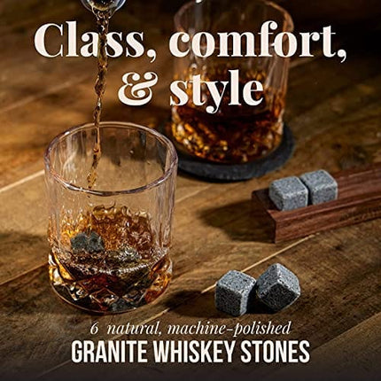 Mixology & Craft Whiskey Stones - Cube-Shaped Granite Chilling Whiskey Rocks Set of 6, are Great Whiskey Gifts for Men and Groomsmen Gifts - Dark Granite