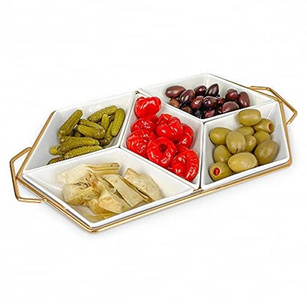 MK Crew Appetizer Serving Tray with Handles - Party Platter for Fruit, Condiments, Cheese, Veggies and Snacks White & Gold Durable Ceramic Dinnerware Set Best Gift Mom / Wife,