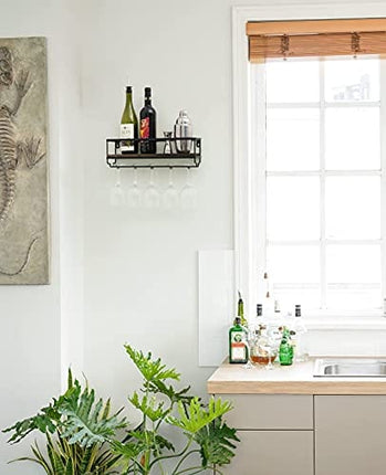 Mkono Wall Mounted Wine Rack - Bottle & Glass Holder Wood Rustic Floating Racks with Stemware Hanger Modern Plants Photos Wine Bottles Display Wall Storage Shelf for Kitchen Dining Room Home Bar