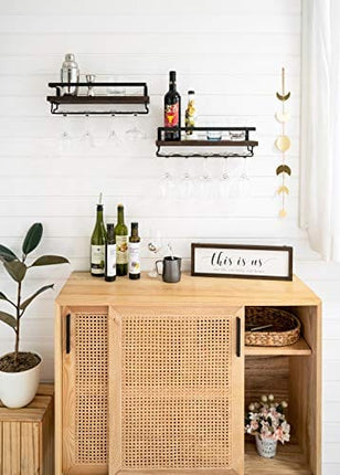 Mkono Wall Mounted Wine Rack Set of 2 Wood Rustic Wine Bottle Glass Floating Shelves with Stemware Hanger Modern Plants Photos Wine Display Storage Holder for Kitchen Dining Room Bar, 17 Inch