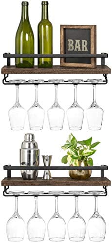 Mkono Wall Mounted Wine Rack Set of 2 Wood Rustic Wine Bottle Glass Floating Shelves with Stemware Hanger Modern Plants Photos Wine Display Storage Holder for Kitchen Dining Room Bar, 17 Inch