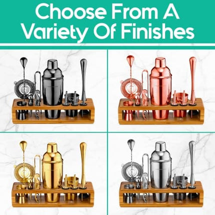 Mixology Bartender Kit: 23-Piece Bar Set Cocktail Shaker Set with Stylish Bamboo Stand | Perfect for Home Bar Tools Bartender Tool Kit and Martini Cocktail Shaker for Awesome Drink Mixing (Silver)