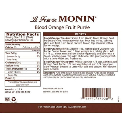 Monin - Blood Orange Puree, Tart, Juicy Citrus Taste, Great for Lemonades, Cocktails, and Culinary Creations, Vegan, Gluten-Free (1 Liter)