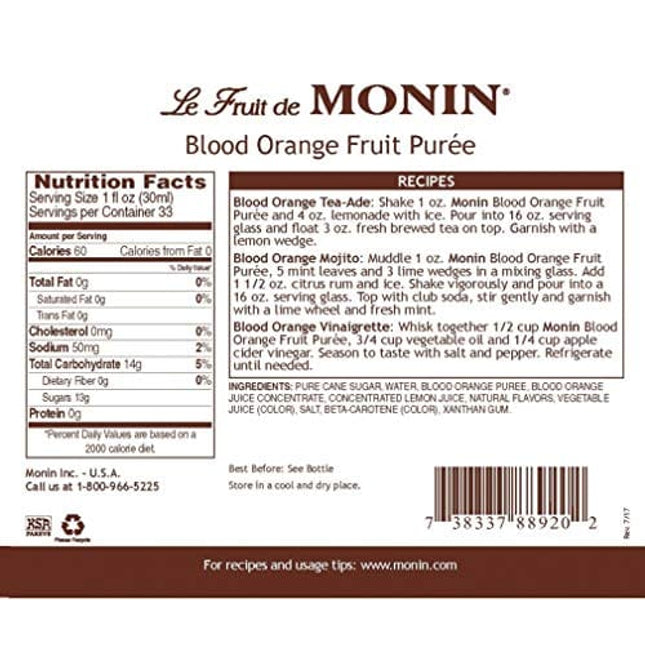 Monin - Blood Orange Puree, Tart, Juicy Citrus Taste, Great for Lemonades, Cocktails, and Culinary Creations, Vegan, Gluten-Free (1 Liter)