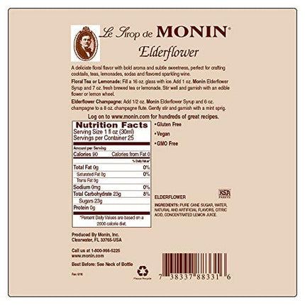 Monin - Elderflower Syrup, Delicate Scent with Floral Sweetness, Great for Cocktails, Lemonades, and Sodas, Gluten-Free, Non-GMO (750 ml)