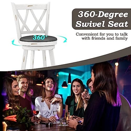 Mu Bar Stools Set of 2, 29" Seat Height Counter Height Swivel Barstools with X-Back, Upholstered 360 Degree Swivel Dining Chair with PVC Cushioned Seat, Footrest & Wood Legs, White