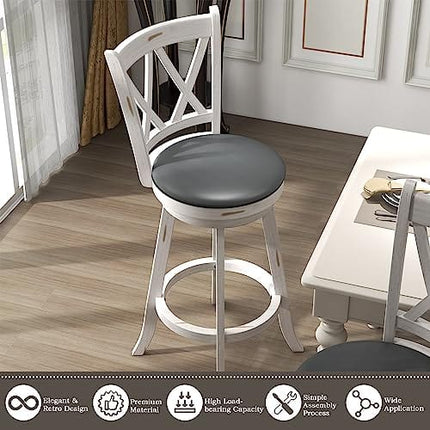 Mu Bar Stools Set of 2, 29" Seat Height Counter Height Swivel Barstools with X-Back, Upholstered 360 Degree Swivel Dining Chair with PVC Cushioned Seat, Footrest & Wood Legs, White