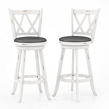 Mu Bar Stools Set of 2, 29" Seat Height Counter Height Swivel Barstools with X-Back, Upholstered 360 Degree Swivel Dining Chair with PVC Cushioned Seat, Footrest & Wood Legs, White