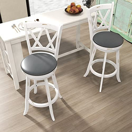 Mu Bar Stools Set of 2, 29" Seat Height Counter Height Swivel Barstools with X-Back, Upholstered 360 Degree Swivel Dining Chair with PVC Cushioned Seat, Footrest & Wood Legs, White