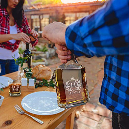 Personalized Custom Engraved Whiskey Decanter Set - Decanter and 4 Glasses Gifts Set - Custom Engraved Monogrammed with Shield Design