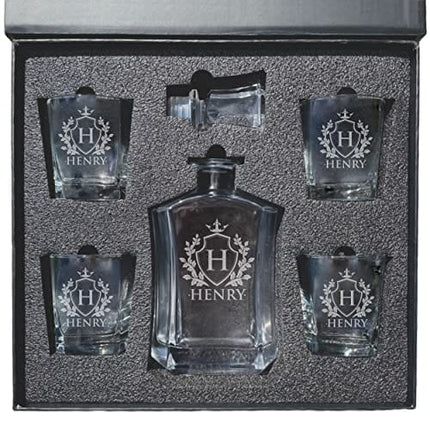 Personalized Custom Engraved Whiskey Decanter Set - Decanter and 4 Glasses Gifts Set - Custom Engraved Monogrammed with Shield Design