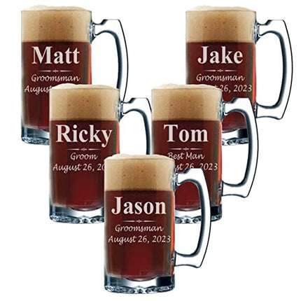 Set of 3, Set of 5 Set of 7 and more Personalized Groomsmen Beer Glasses - Custom Engraved Groom, Best Man Gift Mugs - 3 Lines Style 12 oz (5)