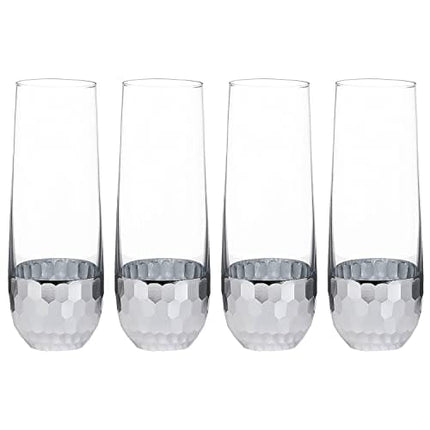 MyGift Modern Stemless Champagne Flute Glass Set of 4 Party Drinkware, Cocktails Prosecco Mimosa Glasses with Hammered Silver Plated Bottoms