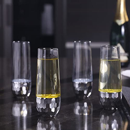 MyGift Modern Stemless Champagne Flute Glass Set of 4 Party Drinkware, Cocktails Prosecco Mimosa Glasses with Hammered Silver Plated Bottoms