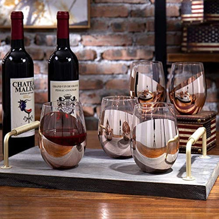 MyGift Modern Stemless Wine Glass Set of 6, White or Red Wine Glasses with Copper Metallic Bottom Angled Design