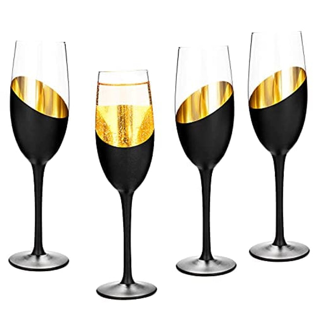 MyGift Modern Stemmed Champagne Flute Glass Set of 4 with Black and Gold Plated Design, Bachelorette Toasting Glasses Party and Wedding Wine Glass, 8 oz