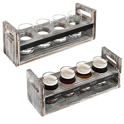 MyGift Torched Wood Beer Flight Board Serving Set with Chalkboard Panels and 4 Tasting Beer Glasses, Set of 2