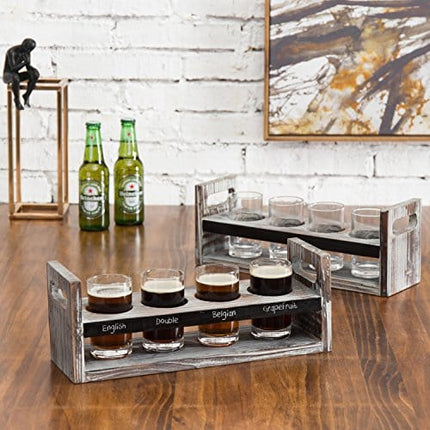 MyGift Torched Wood Beer Flight Board Serving Set with Chalkboard Panels and 4 Tasting Beer Glasses, Set of 2