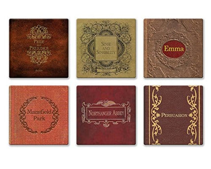 Jane Austen Books Coaster Set - Ceramic Tile with Cork Back - 6 Piece Set