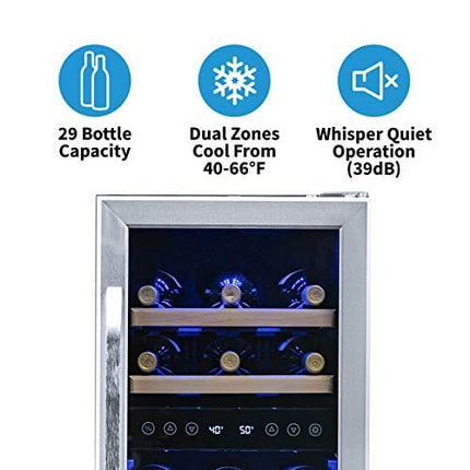 NewAir 15" Built-in 29 Bottle Dual Zone Wine Fridge, Stainless Steel