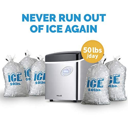 NewAir Portable Ice Maker 50 lb. Daily, 12 Cubes in Under 7 Minutes - Compact Countertop Design - 3 Size Bullet Shaped Ice - for Kitchen/Office/RV/Bar - Stainless Steel - AI-215SS