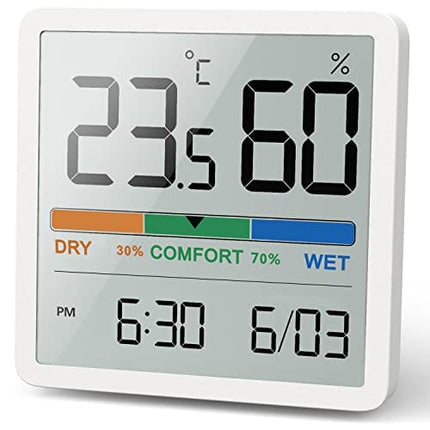NOKLEAD Indoor Digital Thermometer Hygrometer : 3.3″ LCD Screen / Time and Date / 3 Humidity Levels / Magnetic Hanging / Desktop Stand, Accurate Temperature Gauge Humidity Monitor for Home Room