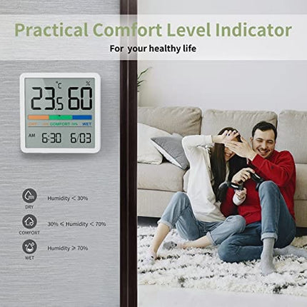 NOKLEAD Indoor Digital Thermometer Hygrometer : 3.3″ LCD Screen / Time and Date / 3 Humidity Levels / Magnetic Hanging / Desktop Stand, Accurate Temperature Gauge Humidity Monitor for Home Room