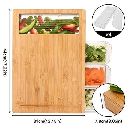 NOONCHIHOME 100 Percent Bamboo Cutting Board with 4 Sliding Drawer Trays and lips. Complete Set for Kitchen, Large 17.22 x 12.15 x 3.05 inches with Handles. Lightweight, Easy to Clean