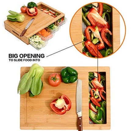 NOONCHIHOME 100 Percent Bamboo Cutting Board with 4 Sliding Drawer Trays and lips. Complete Set for Kitchen, Large 17.22 x 12.15 x 3.05 inches with Handles. Lightweight, Easy to Clean