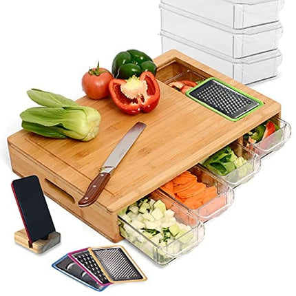 NOONCHIHOME 100 Percent Bamboo Cutting Board with 4 Sliding Drawer Trays and lips. Complete Set for Kitchen, Large 17.22 x 12.15 x 3.05 inches with Handles. Lightweight, Easy to Clean