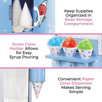 Nostalgia Snow Cone Cart, 54-Inch, Makes 72 ICY Treats, Vintage Snow Machine Includes Metal Scoop, 2 Syrup Bottles, 100 Paper Cups/Spoons, Storage Compartment, Wheels for Easy Mobility, Blue