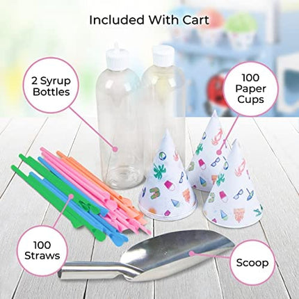 Nostalgia Snow Cone Cart, 54-Inch, Makes 72 ICY Treats, Vintage Snow Machine Includes Metal Scoop, 2 Syrup Bottles, 100 Paper Cups/Spoons, Storage Compartment, Wheels for Easy Mobility, Blue