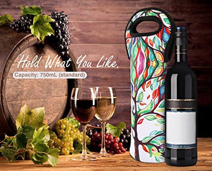 Nuovoware Wine Bag, 2Pack 750ML Portable Neoprene Wine Tote Holders and Carriers Insulated Bag for Wine and Water Bottles, Wine Bottle Protector for Home Travel and Picnic, Lucky Tree and Black