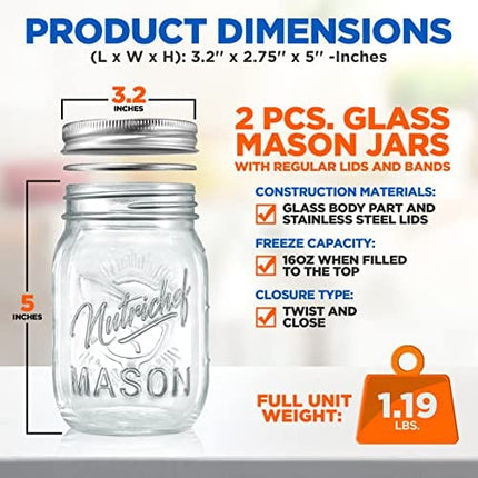 NutriChefKitchen Mason Jars with Lids - 16oz DIY Magnetic Spice Jar Glass Container w/Airtight Lid and Band - Ideal for Meal Prep, Overnight Oats,Jelly,Jam, Honey,Candles,Crafts,Wedding Favors (2 Pcs)