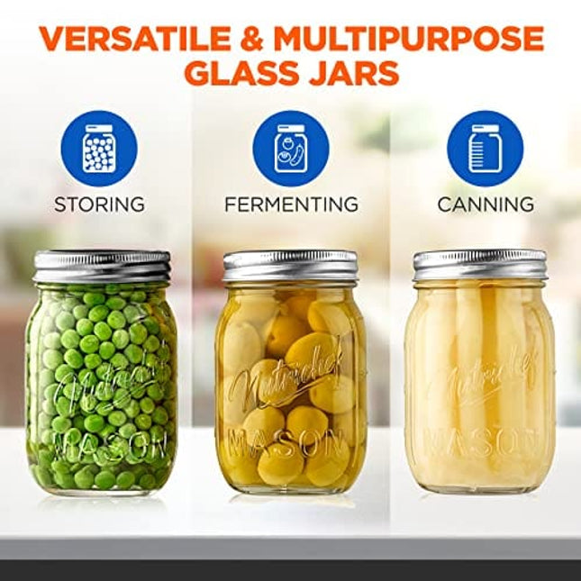 NutriChefKitchen Mason Jars with Lids - 16oz DIY Magnetic Spice Jar Glass Container w/Airtight Lid and Band - Ideal for Meal Prep, Overnight Oats,Jelly,Jam, Honey,Candles,Crafts,Wedding Favors (2 Pcs)
