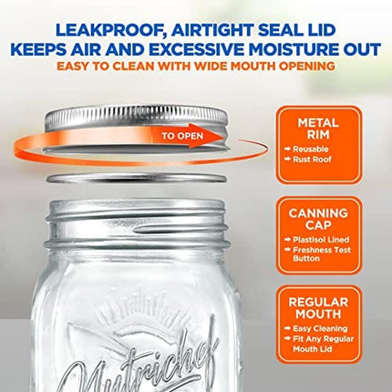 NutriChefKitchen Mason Jars with Lids - 16oz DIY Magnetic Spice Jar Glass Container w/Airtight Lid and Band - Ideal for Meal Prep, Overnight Oats,Jelly,Jam, Honey,Candles,Crafts,Wedding Favors (2 Pcs)