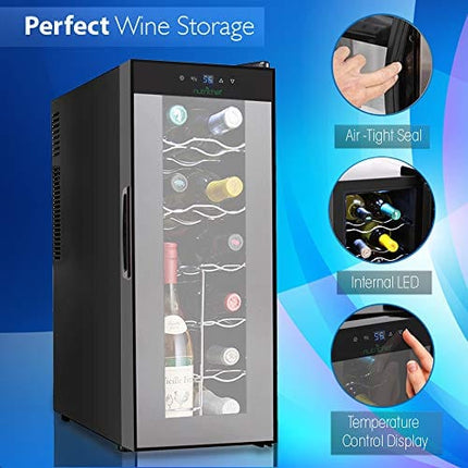 NutriChef PKTEWC120 Nutrichef 12 Bottle Thermoelectric Wine Cooler Refrigerator | Red, White, Champagne Chiller | Counter Top Wine Cellar | Quiet Operation Fridge | Touch Temperature Control,Silver