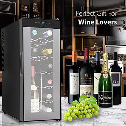 NutriChef PKTEWC120 Nutrichef 12 Bottle Thermoelectric Wine Cooler Refrigerator | Red, White, Champagne Chiller | Counter Top Wine Cellar | Quiet Operation Fridge | Touch Temperature Control,Silver