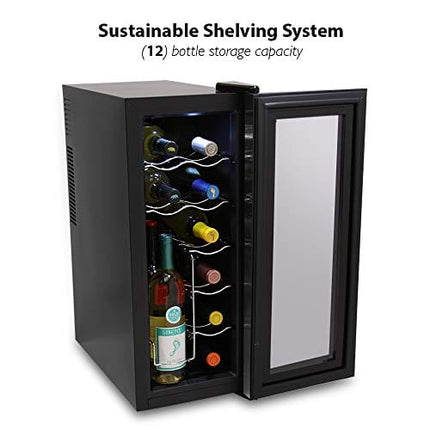 NutriChef PKTEWC120 Nutrichef 12 Bottle Thermoelectric Wine Cooler Refrigerator | Red, White, Champagne Chiller | Counter Top Wine Cellar | Quiet Operation Fridge | Touch Temperature Control,Silver