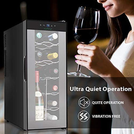 NutriChef PKTEWC120 Nutrichef 12 Bottle Thermoelectric Wine Cooler Refrigerator | Red, White, Champagne Chiller | Counter Top Wine Cellar | Quiet Operation Fridge | Touch Temperature Control,Silver