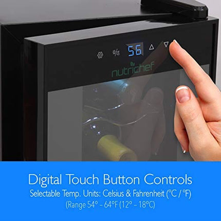 NutriChef PKTEWC120 Nutrichef 12 Bottle Thermoelectric Wine Cooler Refrigerator | Red, White, Champagne Chiller | Counter Top Wine Cellar | Quiet Operation Fridge | Touch Temperature Control,Silver