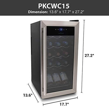 nutrichef 15 Bottle Refrigerator-White And Red Chiller Countertop Cooler-Freestanding Compact Mini Wine Fridge, Digital Control, Stainless Steel Door