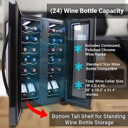 NutriChef PKCWC240 Cooler for White and Red Wines Chiller, Freestanding Compact Countertop Mini Fridge w/Digital Control, 24 Bottle Dual Zone-Black