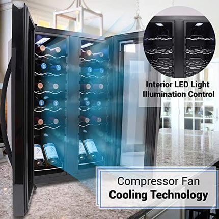 NutriChef PKCWC240 Cooler for White and Red Wines Chiller, Freestanding Compact Countertop Mini Fridge w/Digital Control, 24 Bottle Dual Zone-Black