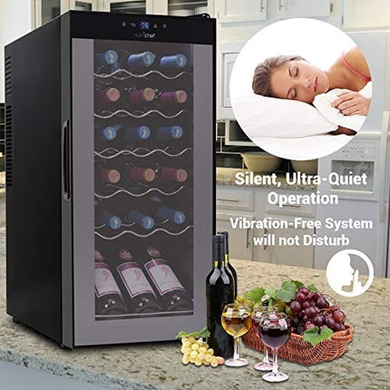 NutriChef Wine Cooler Refrigerator - 18-Bottle Wine Fridge with Air-Tight Glass Door, Touch Screen Digital Temperature Control - Freestanding, Compact - For Apartment, Office, Hotel, Home Bars