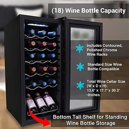 NutriChef Wine Cooler Refrigerator - 18-Bottle Wine Fridge with Air-Tight Glass Door, Touch Screen Digital Temperature Control - Freestanding, Compact - For Apartment, Office, Hotel, Home Bars