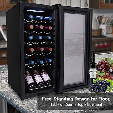 NutriChef Wine Cooler Refrigerator - 18-Bottle Wine Fridge with Air-Tight Glass Door, Touch Screen Digital Temperature Control - Freestanding, Compact - For Apartment, Office, Hotel, Home Bars