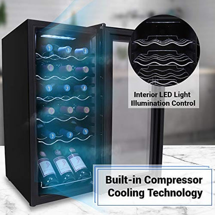 NutriChef Wine Cooler Refrigerator - 18-Bottle Wine Fridge with Air-Tight Glass Door, Touch Screen Digital Temperature Control - Freestanding, Compact - For Apartment, Office, Hotel, Home Bars