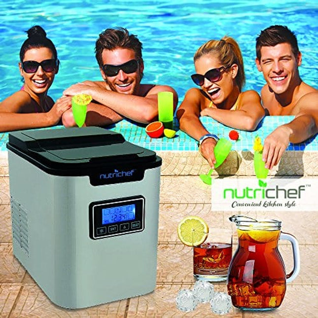 Countertop Digital Ice Cube Maker - Upgraded Portable Stainless Steel Ice Molder Machine, Stain Resistant w/Built-in Freezer, Over-Sized Ice Bucket Machine w/Easy-Touch Buttons, Silver - NutriChef